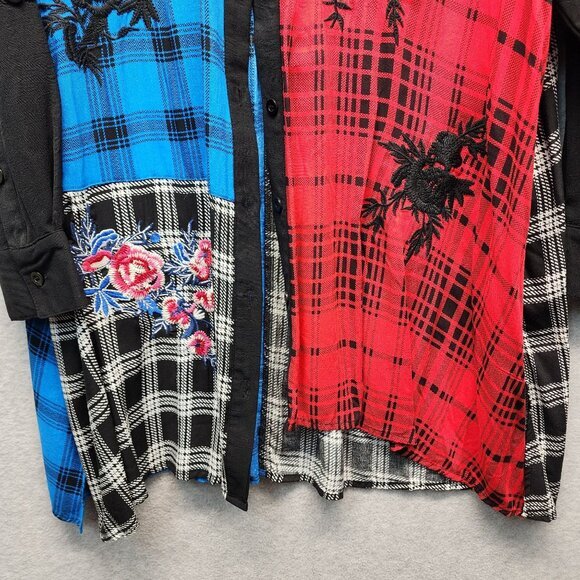 Calessa Plaid Embroidered Top Womens Plus 2X Colorblock Black Floral Long Sleeve - Picture 3 of 12